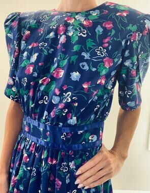 1980s Vintage Floral Midi Dress 1/2 Sleeve Purple Pink Green Size 6 JL